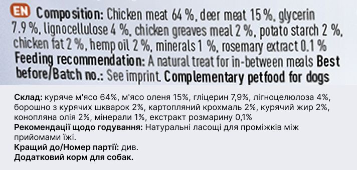 Натуральні ласощі з мʼяса Курки та Оленини Chewies Lucky Bits для дорослих та похилих собак 100 г 32172 фото