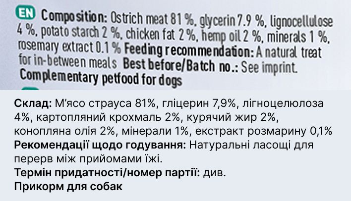 Натуральные лакомства из мяса Страуса Chewies Lucky Bits для взрослых и пожилых собак 100 г 32174 фото