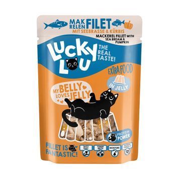 Натуральний вологий корм для котів Lucky Lou Extra Food зі Скумбрією, Дорадо та Гарбузом у Желе 70 г 48258 фото
