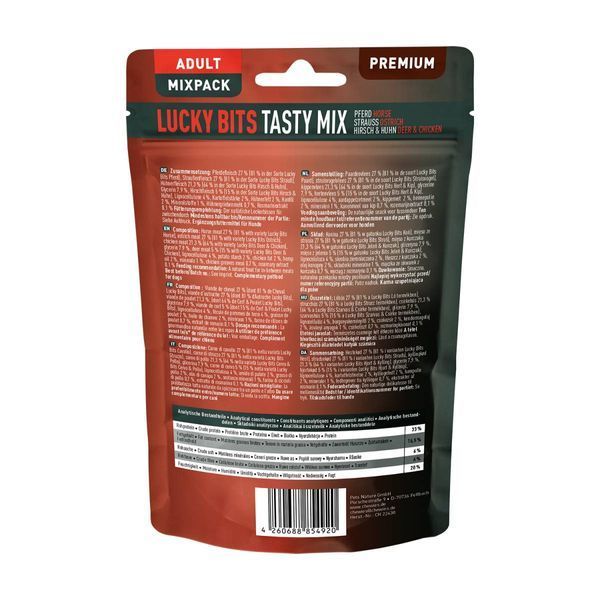 Мясные натуральные лакомства Mix Конина, Страус, Оленина и Курица Chewies Lucky Bits для взрослых собак 100 г 32168 фото